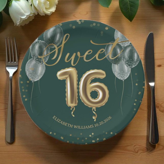 Gold Foil Sweet 16 Birthday Balloons Party Green Paper Plate (Creator Uploaded)