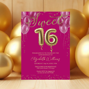 Gold Foil Sweet 16 Birthday Balloons Party Pink Invitation
