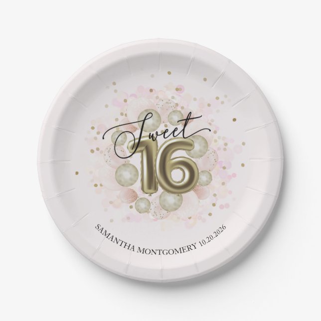 Gold Foil Sweet 16 Birthday Balloons Party Pink Paper Plate (Front)