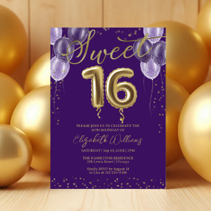 Gold Foil Sweet 16 Birthday Balloons Party Purple Invitation