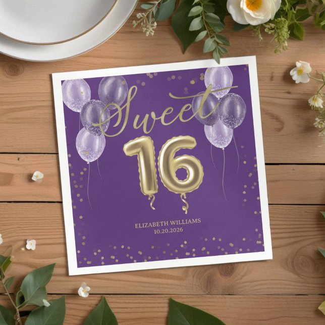 Gold Foil Sweet 16 Birthday Balloons Party Purple  Napkin (Creator Uploaded)