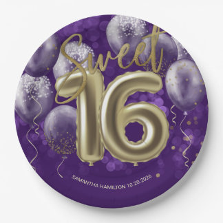 Gold Foil Sweet 16 Birthday Balloons Party Purple Paper Plate