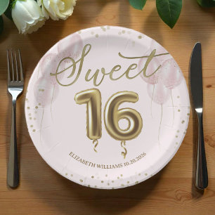 Gold Foil Sweet 16 Birthday Balloons Pink Paper Plate