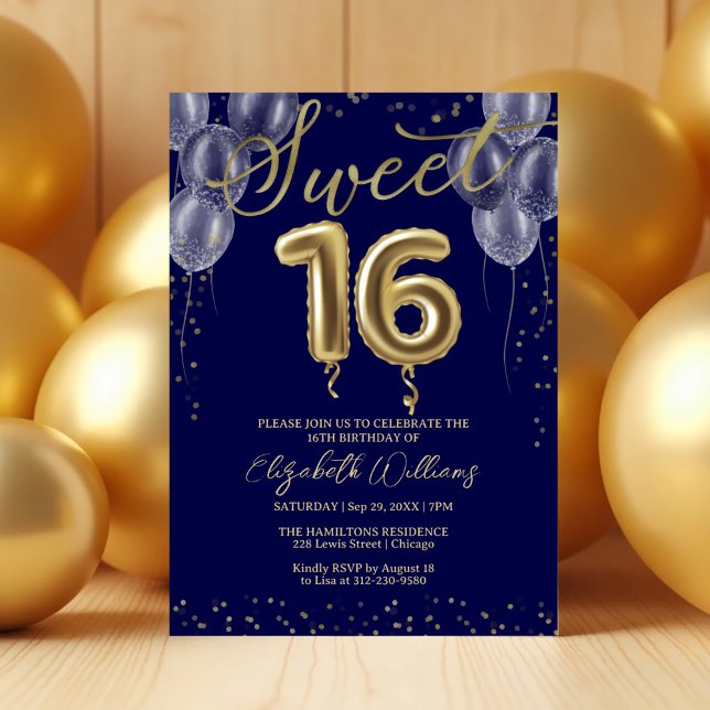 Gold Foil Sweet 16 Birthday Balloons Royal Blue Invitation (Creator Uploaded)
