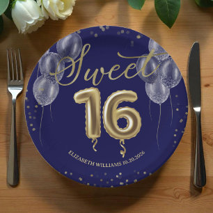 Gold Foil Sweet 16 Birthday Balloons Royal Blue Paper Plate