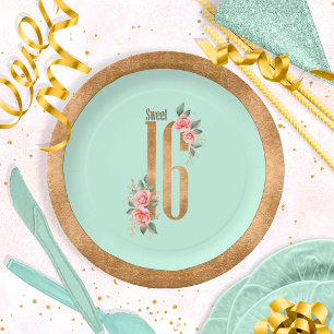 Gold Foil Sweet Sixteen Mint Green ID756 Paper Plate