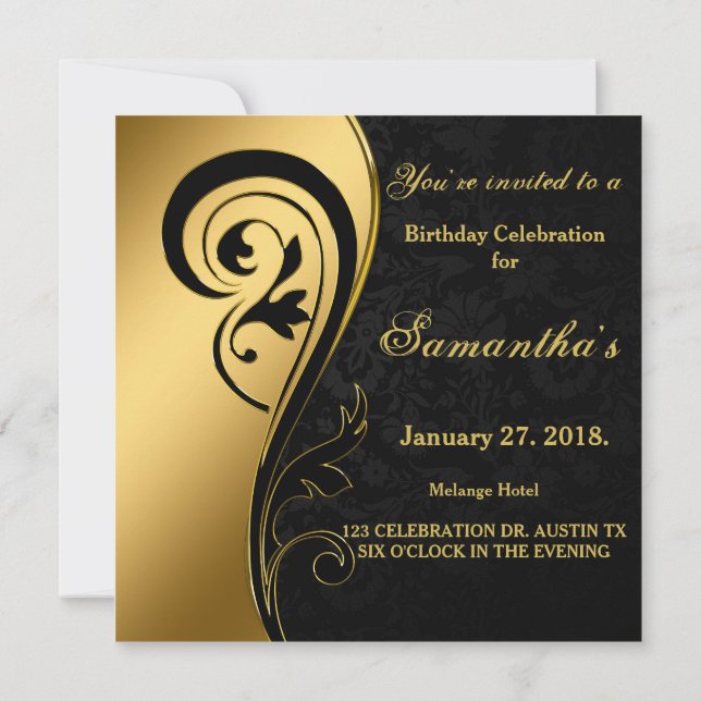Gold foil, swirls, black damask, 50th Birthday Invitation (Back)