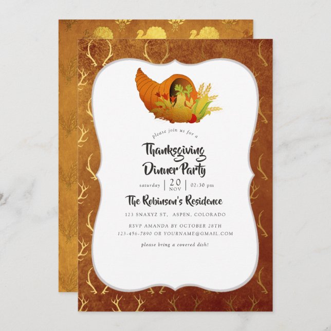 Gold Foil Thanksgiving Dinner/Feast Invitation (Front/Back)