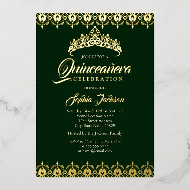 Gold foil Tiara Emerald Quinceanera (Front)