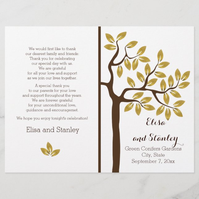 Gold foil tree modern folded wedding program (Front)