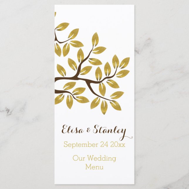 Gold foil tree modern wedding menu card (Front)