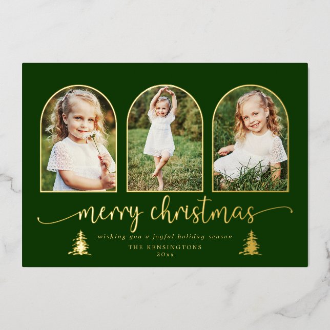 Gold Foil Trees 3 Arch Christmas Photo Holiday Card (Front)