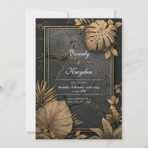 Gold Foil Tropical Black Cracked Marble Wedding Invitation
