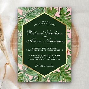 Gold Foil Tropical Green Leaves Wedding Invitation