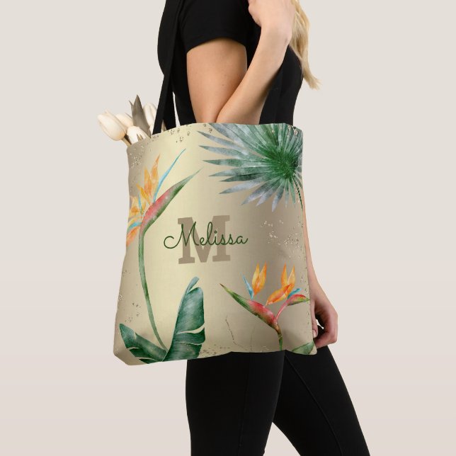 Gold Foil Tropical Island Floral Monogram Script Tote Bag (Close Up)