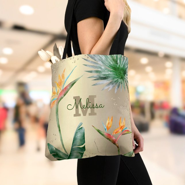 Gold Foil Tropical Island Floral Monogram Script Tote Bag (Creator Uploaded)