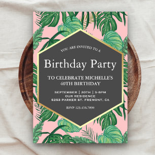Gold Foil Tropical Leaves Beach Birthday Party Invitation