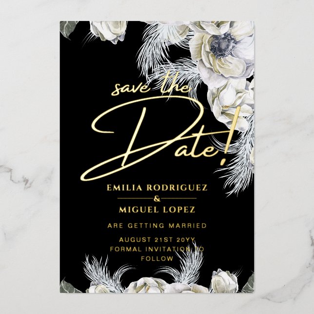 Gold Foil Tropical Pampas Grass Wedding Save Date (Front)