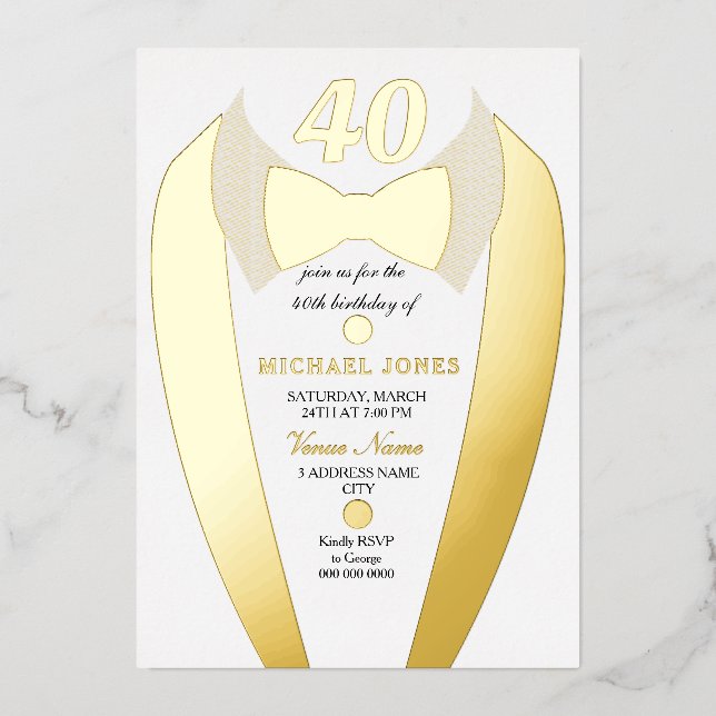 Gold Foil Tuxedo Suit Mens 40th Birthday Party (Front)