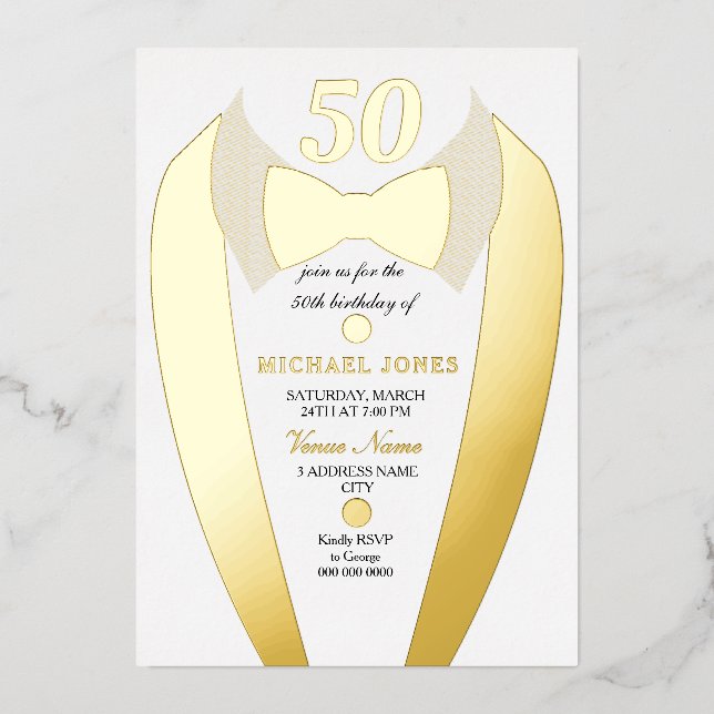 Gold Foil Tuxedo Suit Mens 50th Birthday Party (Front)
