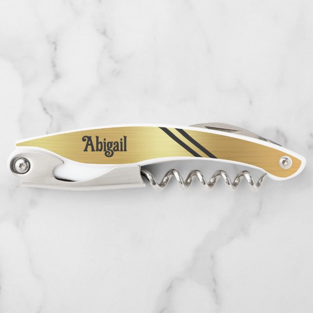 Gold Foil Two Black Accent Stripes Personalised   Corkscrew (Front)