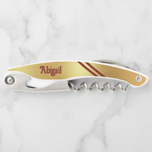 Gold Foil Two Maroon Accent Stripes Personalised Corkscrew