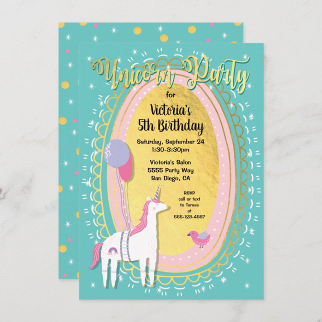 Gold Foil Unicorn Birthday Party Invitations (Front/Back)
