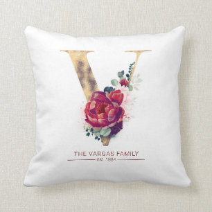 Gold Foil V Monogram Floral Burgundy Red Cushion