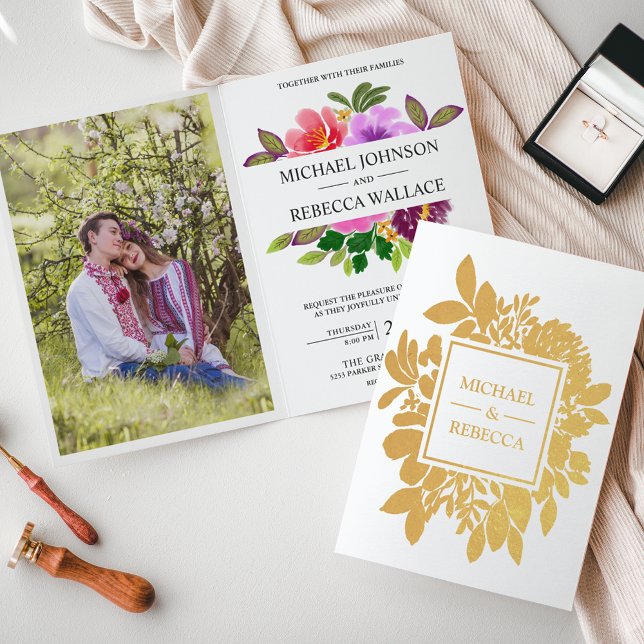 Gold Foil Vibrant Garden Floral Wedding Invitation (Creator Uploaded)