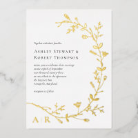 Gold Foil Vine Scroll Modern Wedding Invitation,