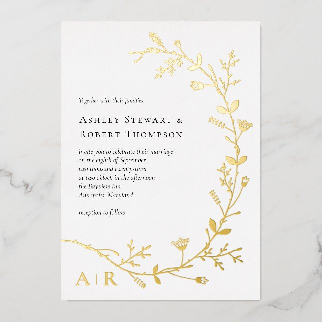 Gold Foil Vine Scroll Modern Wedding Invitation, (Front)