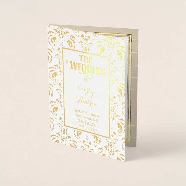 Gold Foil Vintage Damask WEDDING PROGRAM Card (Front)