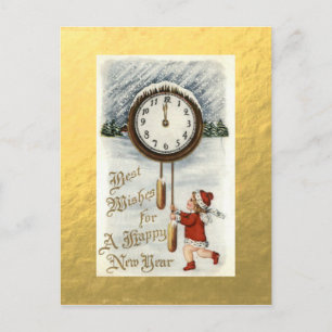 Gold Foil Vintage Happy New Year Greetings Holiday Postcard
