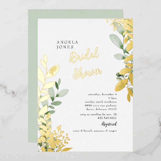 Gold Foil Watercolor Foliage Mint Bridal Shower  (Front/Back)