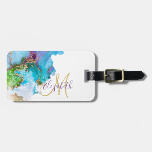 Gold Foil Watercolor Monogram Luggage Tag