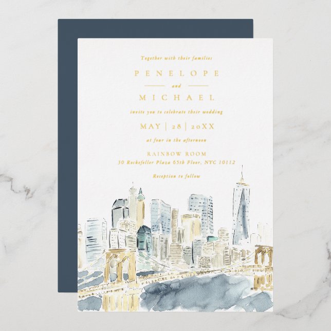 Gold Foil Watercolor New York City Wedding (Front/Back)