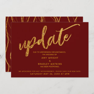 Gold Foil Waves Postponed Wedding Burgundy Card