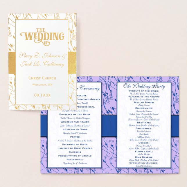 Gold Foil WEDDING PROGRAM Blue and Lilac Foil Card (Display)