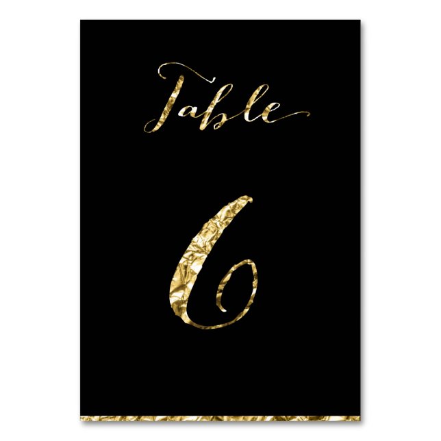 Gold Foil Wedding Table Numbers Black No. 6 (Front)