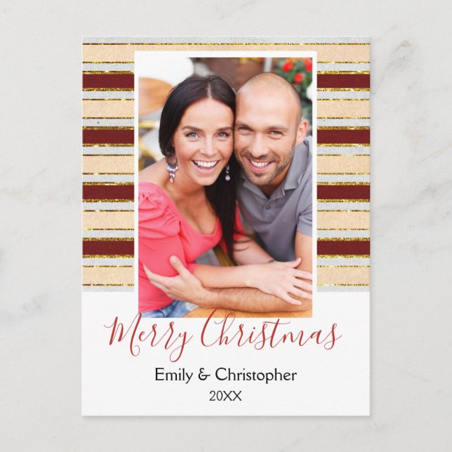 Gold Foil, White and Red Christmas Photo Card (Front)