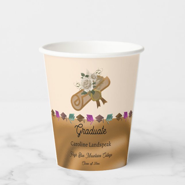 Gold Foil, White English Roses Graduation 2025 Paper Cups (Front)