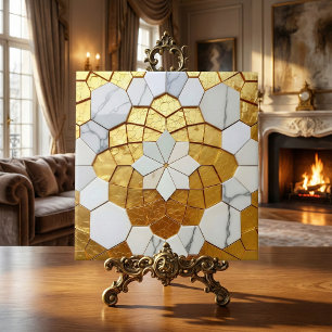 Gold Foil & White Marble Geometric Mosaic Art Deco Ceramic Tile