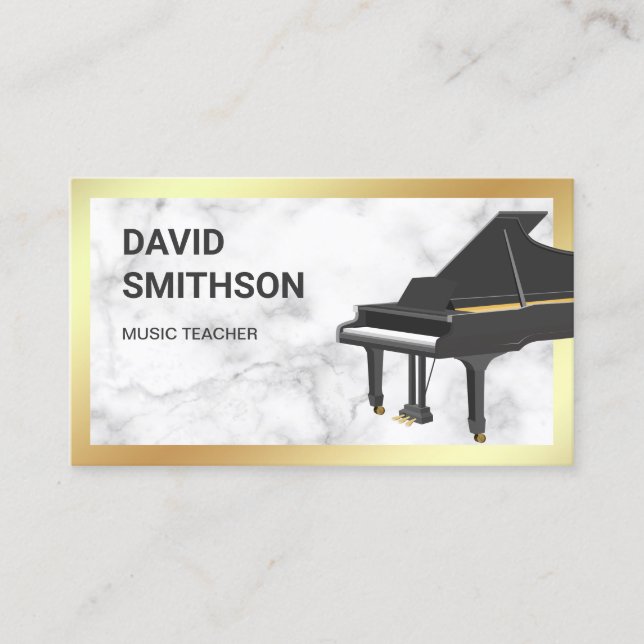 Gold Foil White Marble Grand Piano Teacher Pianist Business Card (Front)