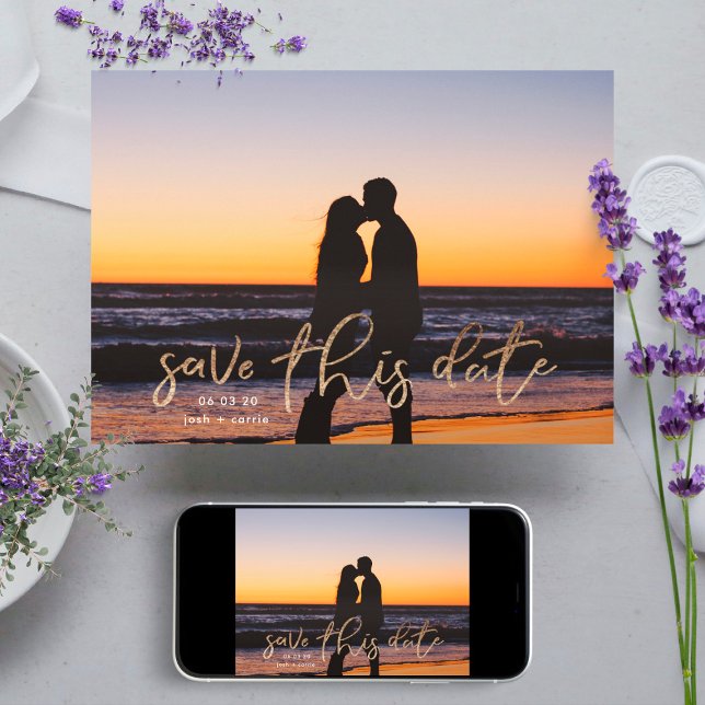 Gold Foil White Photo Calligraphy Save the Date (Creator Uploaded)