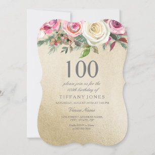 Gold Foil White Pink Rose 100th Birthday Invite