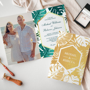 Gold Foil White Teal Monstera Wedding Invitation