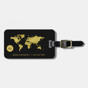 Gold Foil World Earth Map Travel Monogram Name Luggage Tag