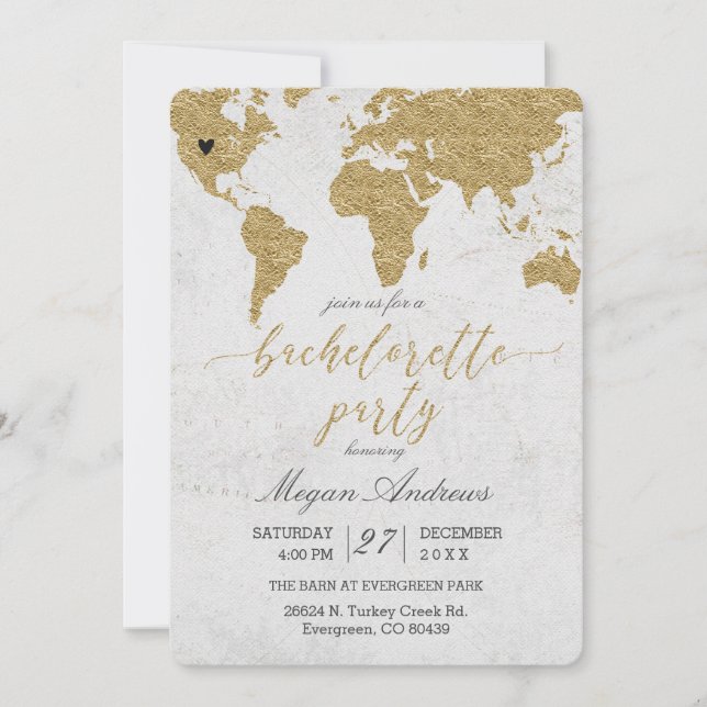 Gold Foil World Map Bachelorette Party Invitation (Front)