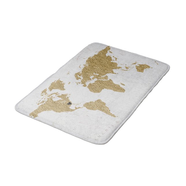Gold Foil World Map Custom Moveable Heart Location Bath Mat (Angled)