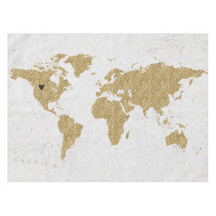 Gold Foil World Map Custom Moveable Heart Location Tablecloth